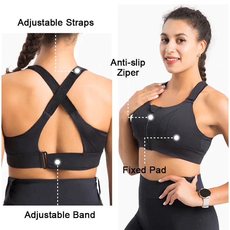 Women for sure® Women's High Impact Sports Bra PLUS Size Zip-Front Shock Absorber-Black
